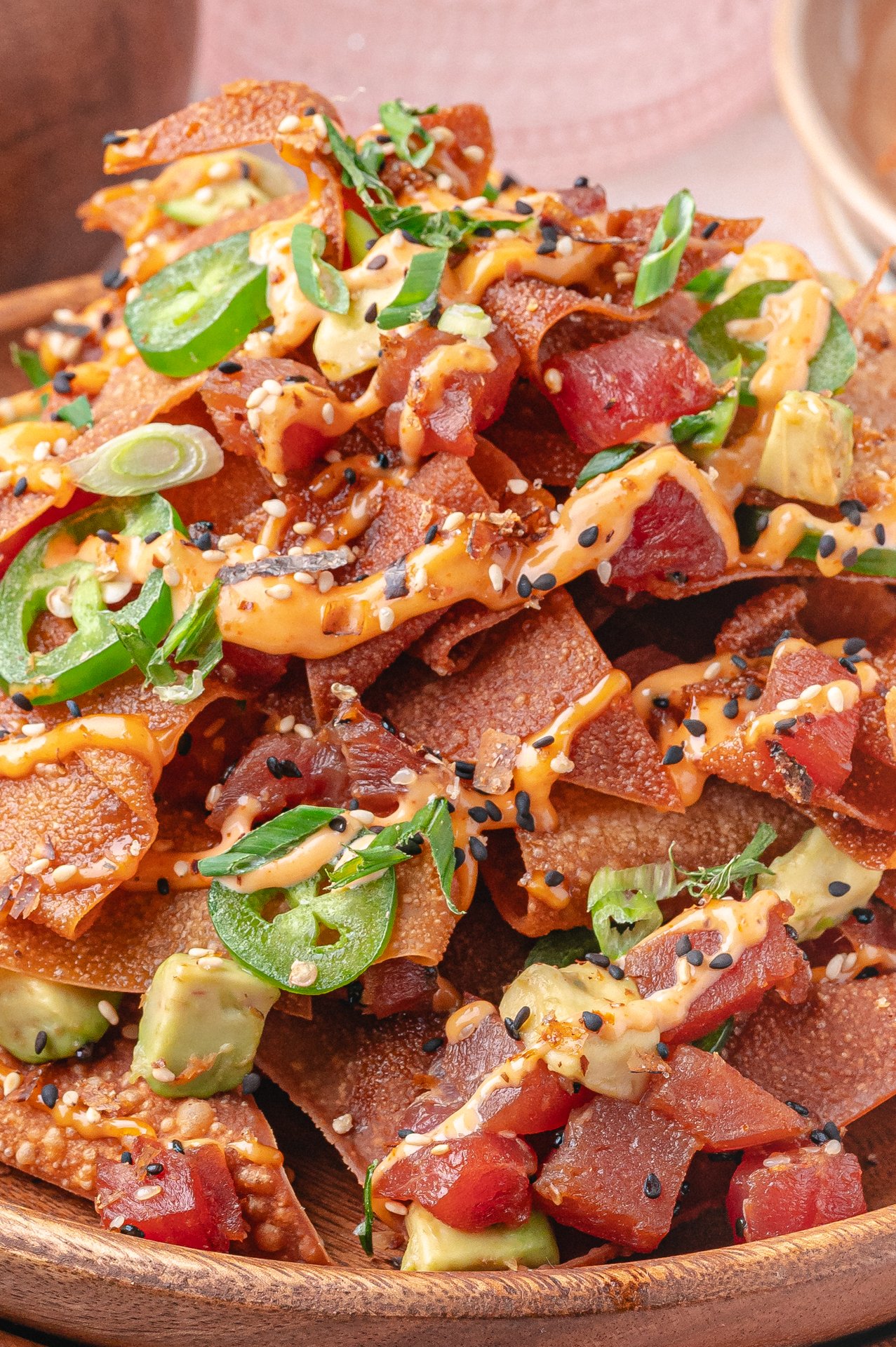 close up of spicy tuna poke nachos