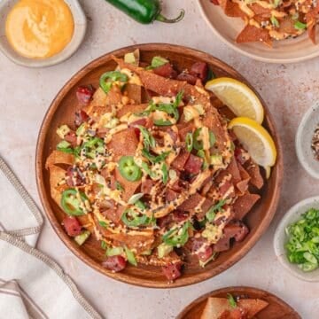 tuna nachos in a white plate