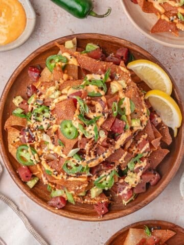 tuna nachos in a white plate