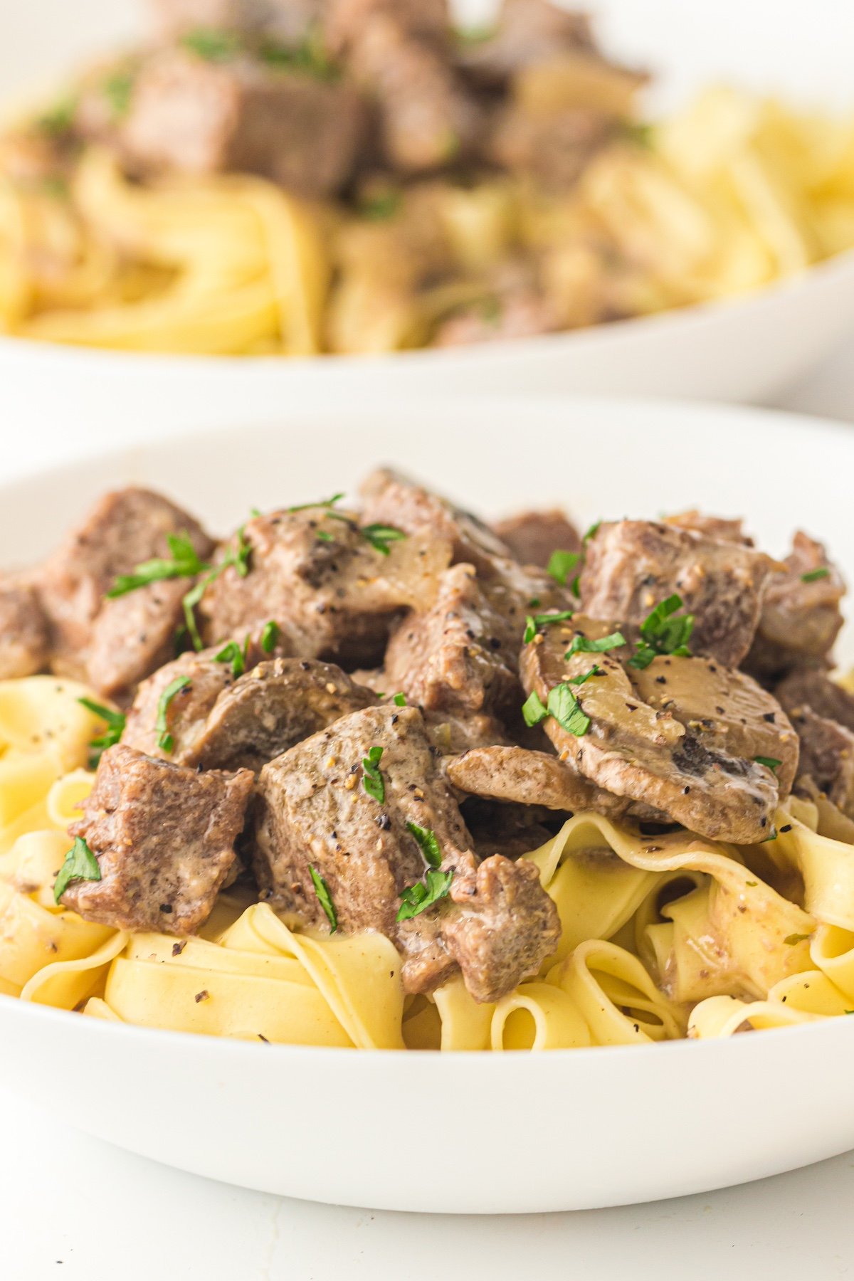 slow cooked beef stroganoff over noodles in a white plate