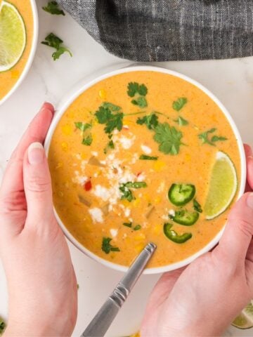 creamy mexican street corn soup in a bowl