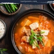 spicy korean tofu soup in a dutch oven