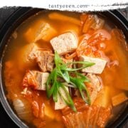spicy korean tofu soup in a dutch oven