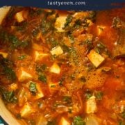 spicy korean tofu soup in a dutch oven