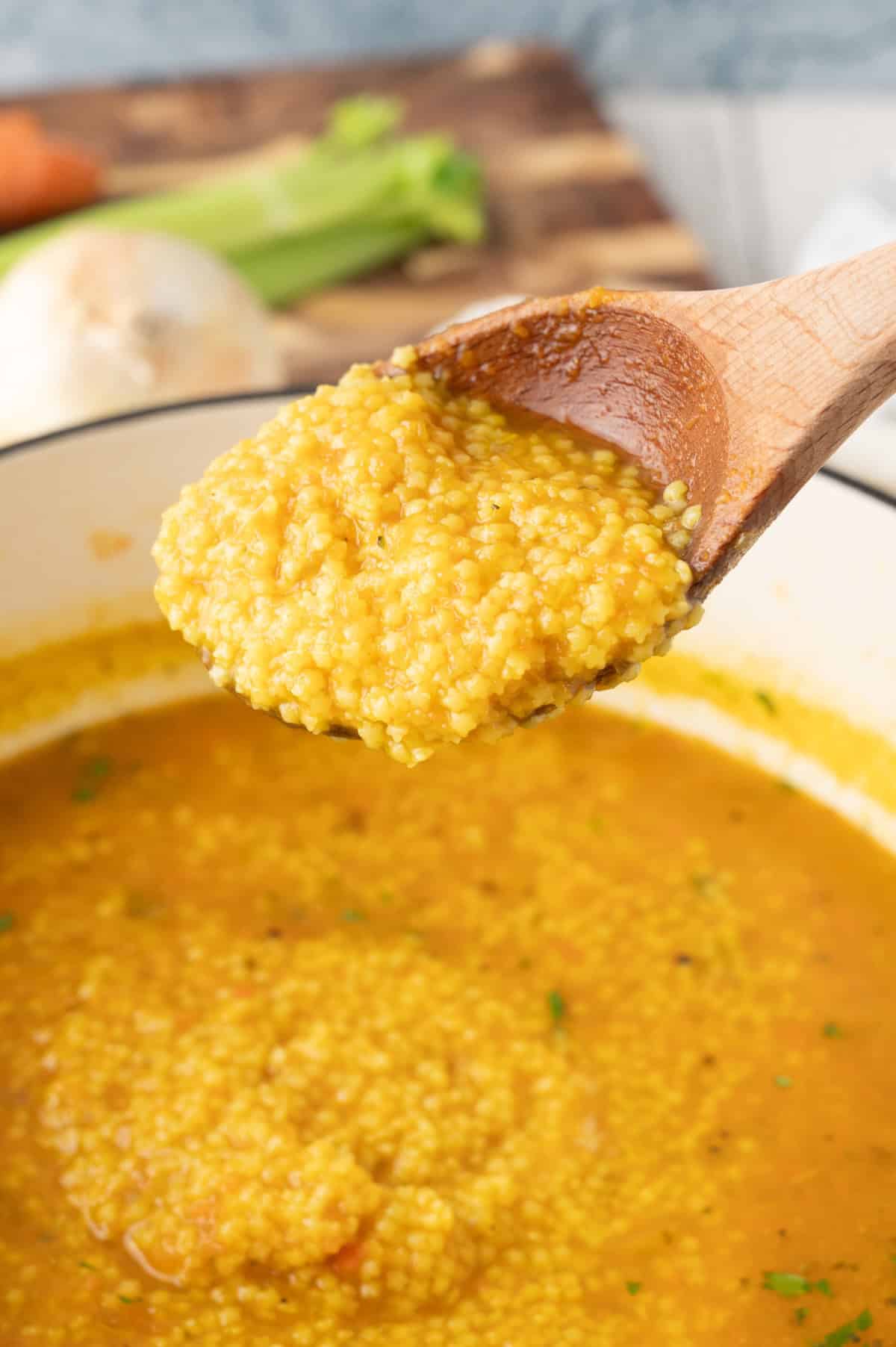 pastina soup on a spoon