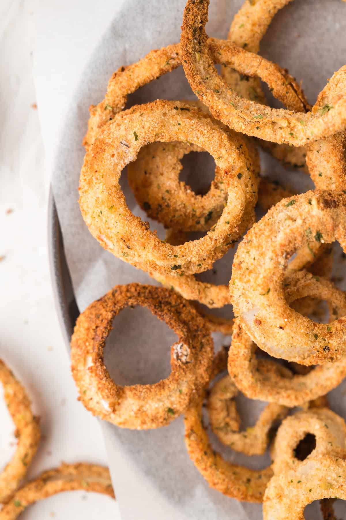air fried onion rings on a platter
