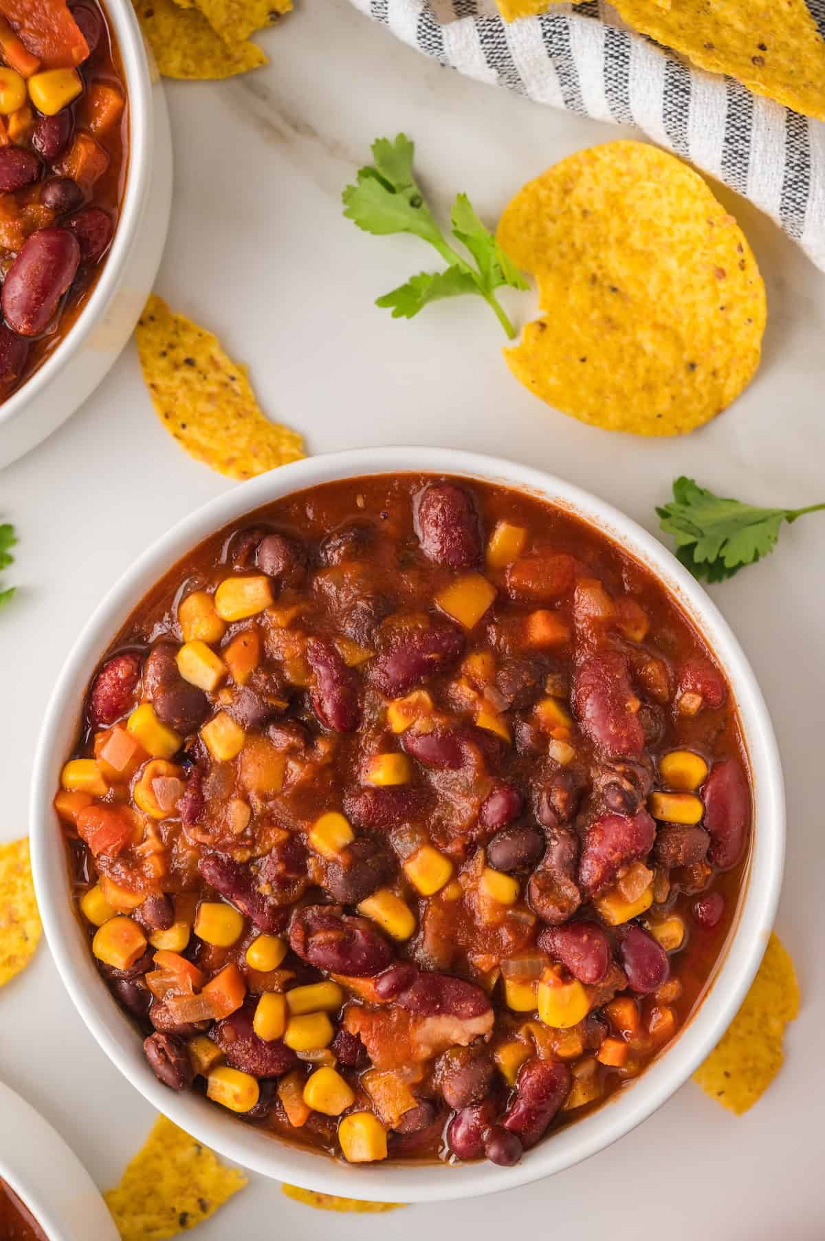 vegetarian chili in a white bowl