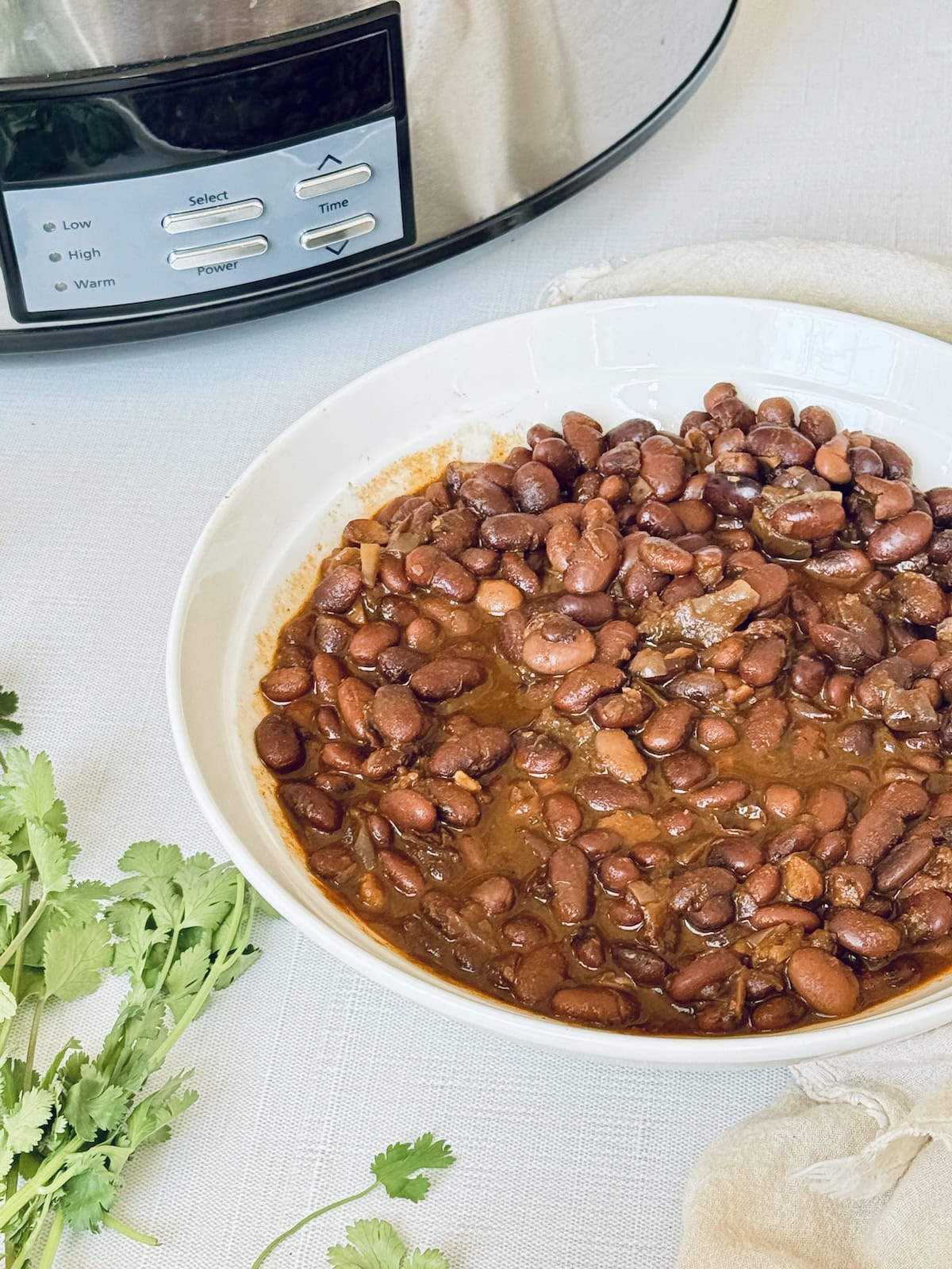 slow cooker pinto beans in a white bowl
