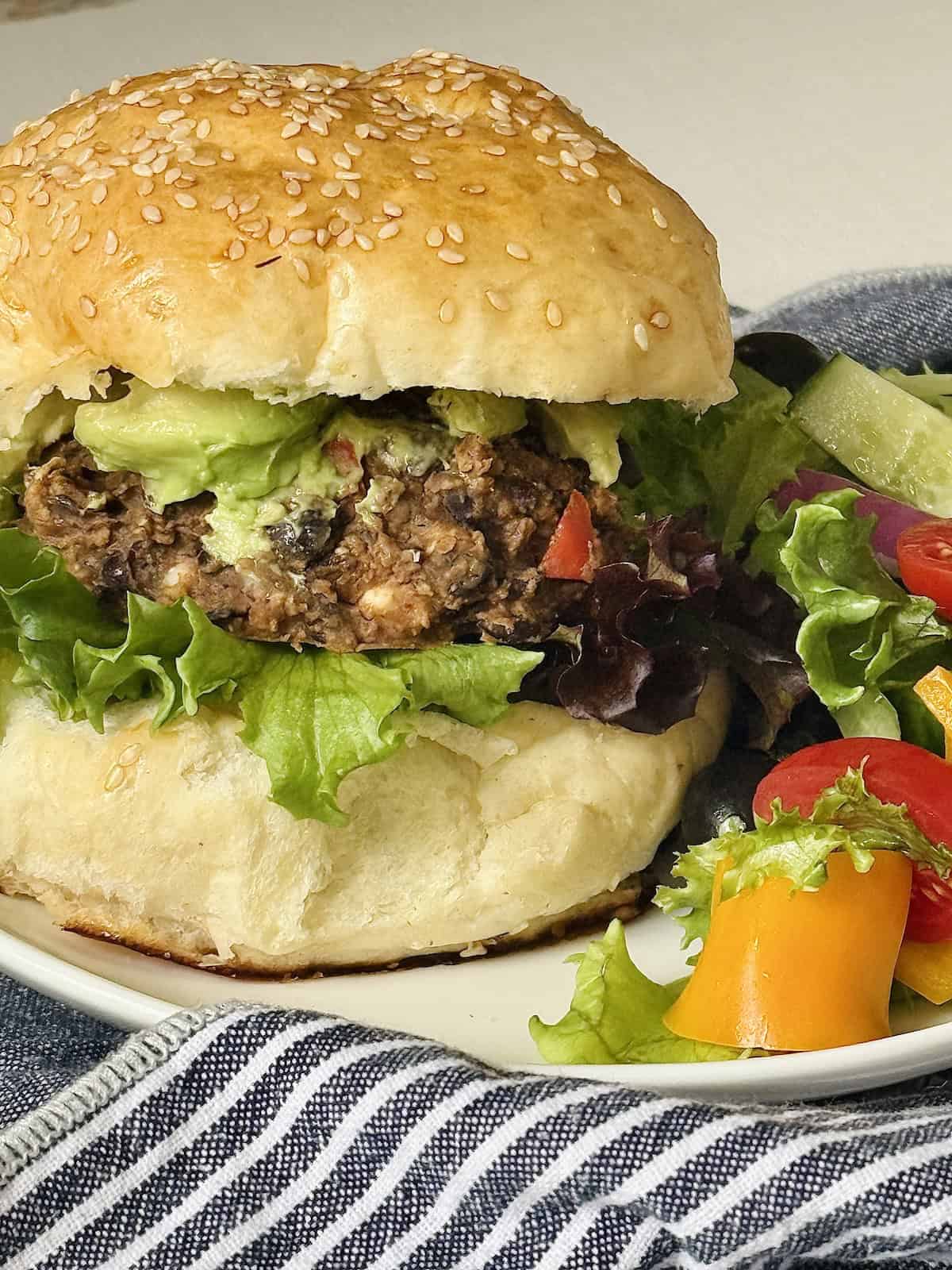 close up of black bean burger on a bun