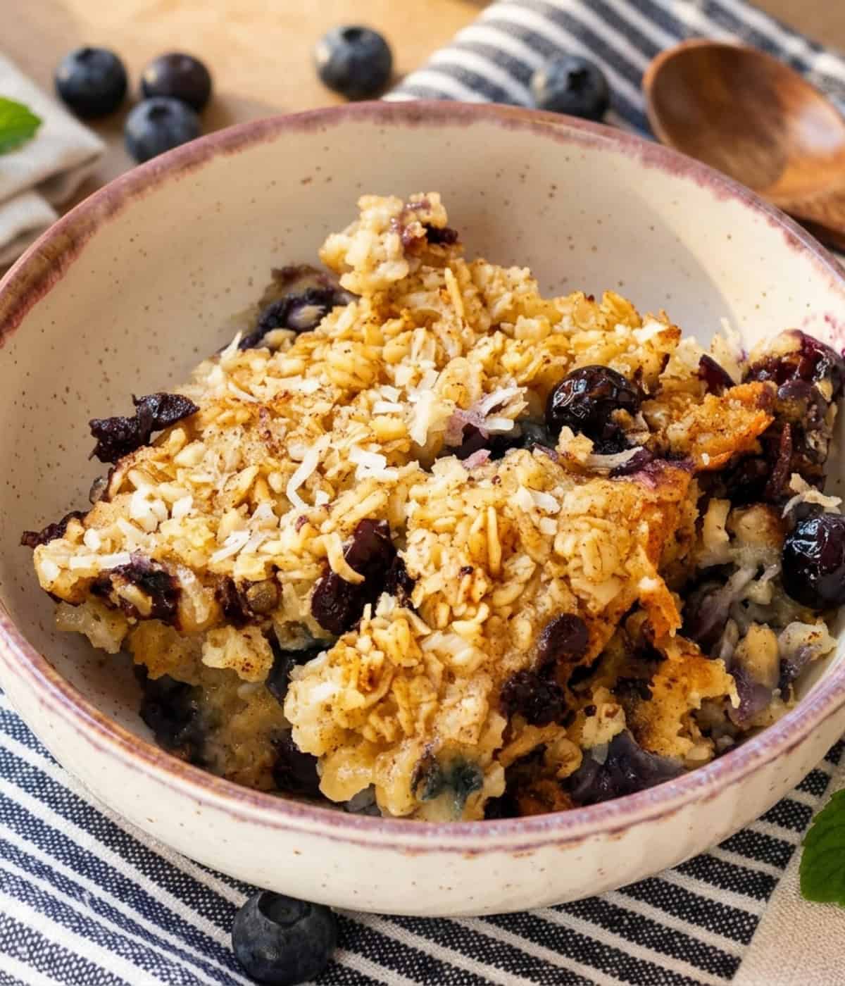baked blueberry oatmeal sliced in a white bowl