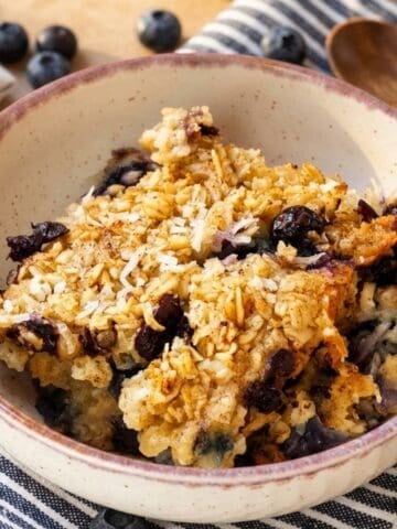 blueberry baked oatmeal in a bowl