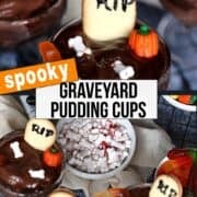 chocolate pudding cups with graveyard cookies and candy