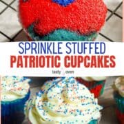 sprinkle stuffed red white and blue cupcakes pinterest image