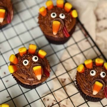 chocolate turkey cupcakes on a cooling rack