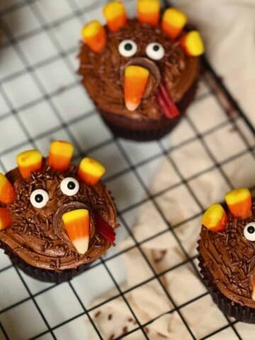 chocolate turkey cupcakes on a cooling rack