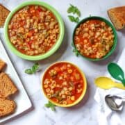 vegetable noodle soup in bowls