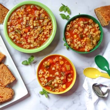 vegetable noodle soup in bowls