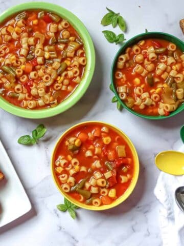 vegetable noodle soup in bowls
