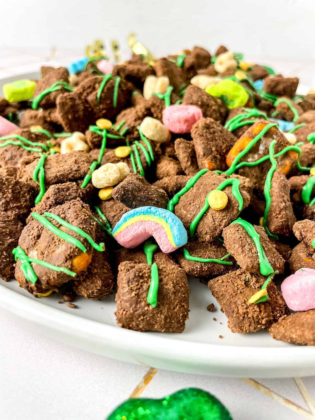 close up of lucky charm muddy buddies for St. Patrick's Day